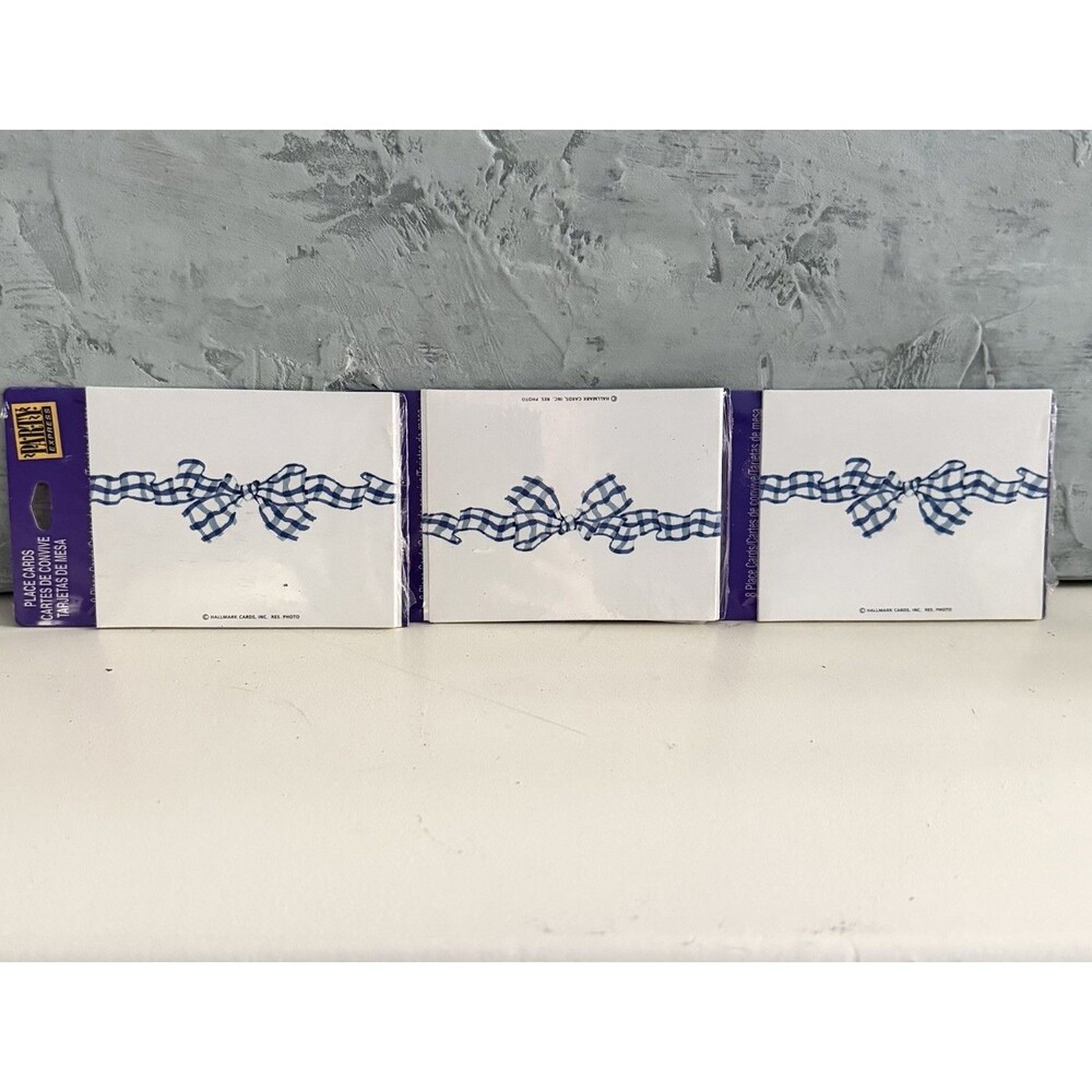 Hallmark Blue Gingham Bow Place Cards 3 Sets 8=24 Blue & White Bows NIP Vintage